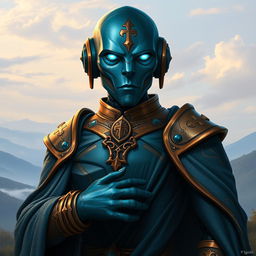 A detailed portrait of a Warforged Envoy Cleric character from Dungeons and Dragons, featuring a sleek and polished exterior with a rich copper blue finish