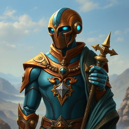 A detailed portrait of a Warforged Envoy Cleric character from Dungeons and Dragons, featuring a sleek and polished exterior with a rich copper blue finish