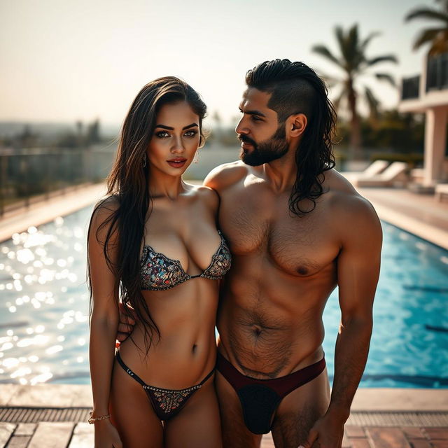 A hot and sultry couple's photoshoot showcasing a 24-year-old shy Arab woman with long dark hair, her wet skin sparkling as she confidently stands facing the camera near a shimmering swimming pool