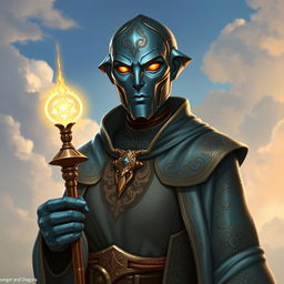 A detailed portrait of a Warforged Envoy Cleric character from Dungeons and Dragons, featuring a sleek design with a rich copper blue finish