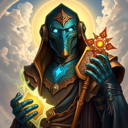A detailed portrait of a Warforged Envoy Cleric character from Dungeons and Dragons, featuring a sleek design with a rich copper blue finish