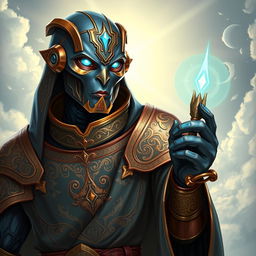 A detailed portrait of a Warforged Envoy Cleric character from Dungeons and Dragons, featuring a sleek design with a rich copper blue finish