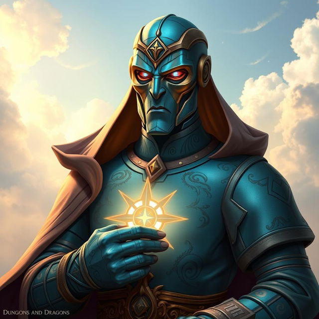 A detailed portrait of a Warforged Envoy Cleric character from Dungeons and Dragons, featuring a sleek design with a rich copper blue finish