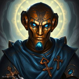 A captivating portrait of an Eberron Warforged Envoy Cleric from Dungeons and Dragons, showcasing a polished copper blue exterior with intricate engravings that reflect its clerical nature