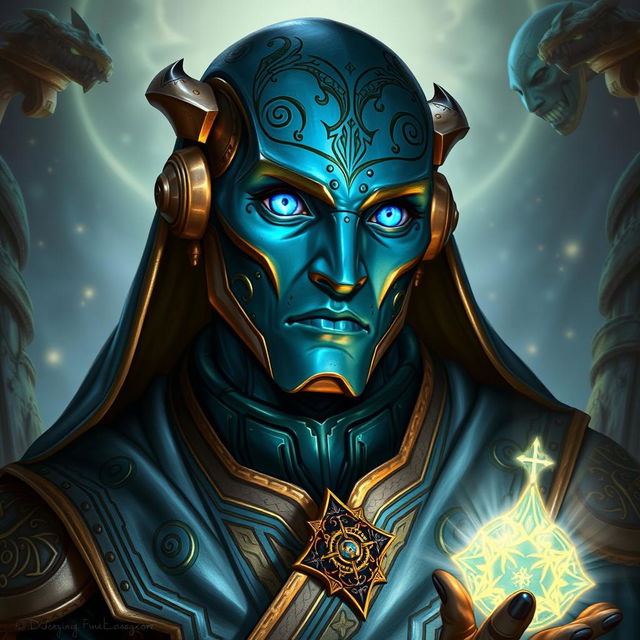 A captivating portrait of an Eberron Warforged Envoy Cleric from Dungeons and Dragons, showcasing a polished copper blue exterior with intricate engravings that reflect its clerical nature