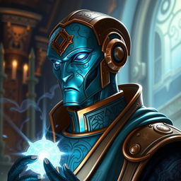A captivating portrait of an Eberron Warforged Envoy Cleric from Dungeons and Dragons, showcasing a polished copper blue exterior with intricate engravings that reflect its clerical nature