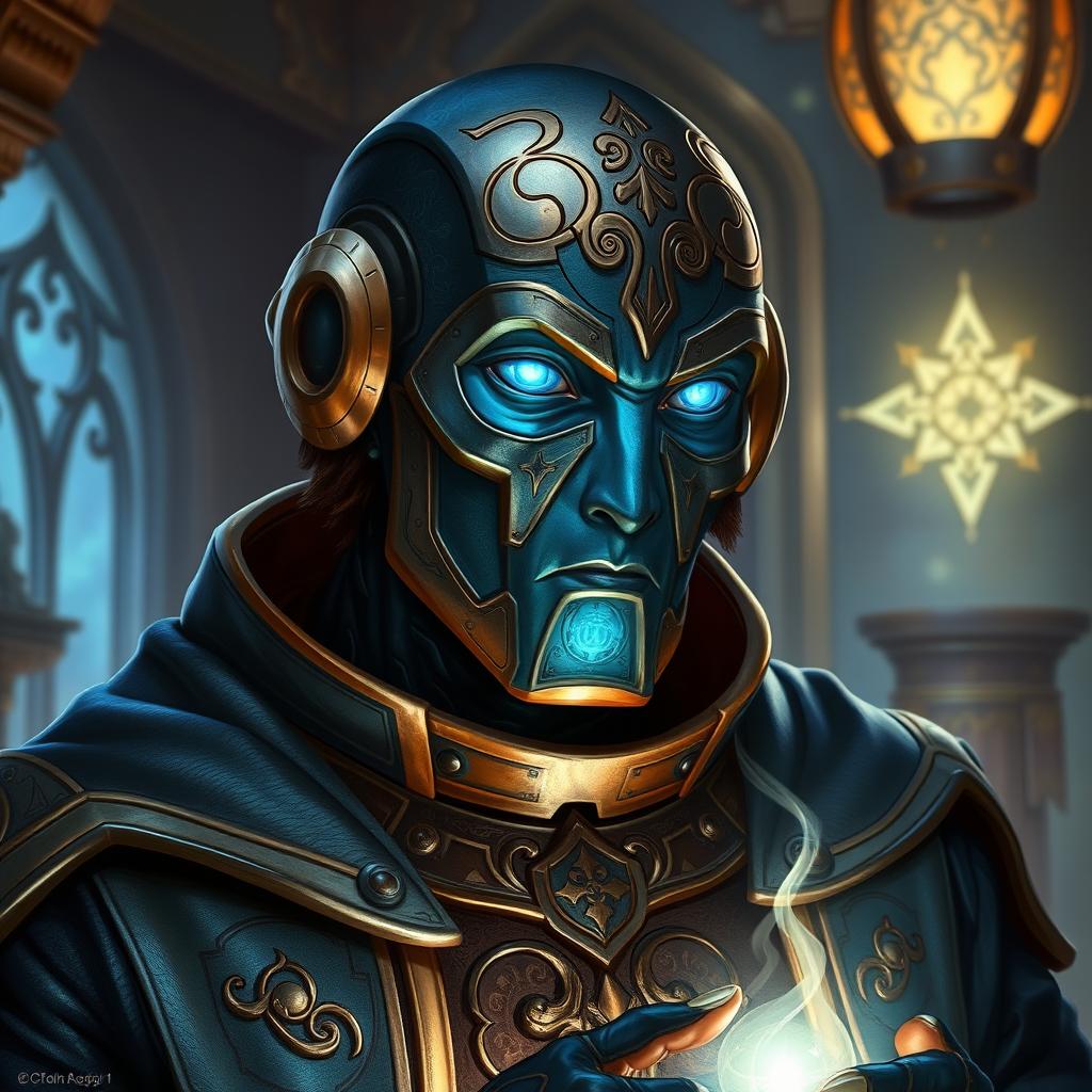 A captivating portrait of an Eberron Warforged Envoy Cleric from Dungeons and Dragons, showcasing a polished copper blue exterior with intricate engravings that reflect its clerical nature