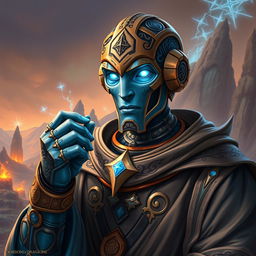 A striking portrait of an Eberron Warforged Envoy Cleric from Dungeons and Dragons, depicted with a stunning copper blue finish that enhances its mechanical yet noble features