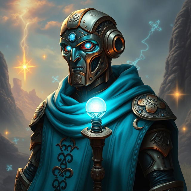 A striking portrait of an Eberron Warforged Envoy Cleric from Dungeons and Dragons, depicted with a stunning copper blue finish that enhances its mechanical yet noble features