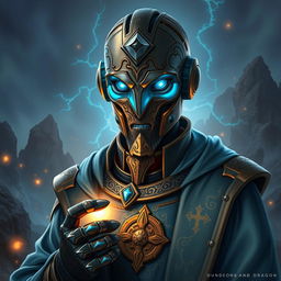 A striking portrait of an Eberron Warforged Envoy Cleric from Dungeons and Dragons, depicted with a stunning copper blue finish that enhances its mechanical yet noble features