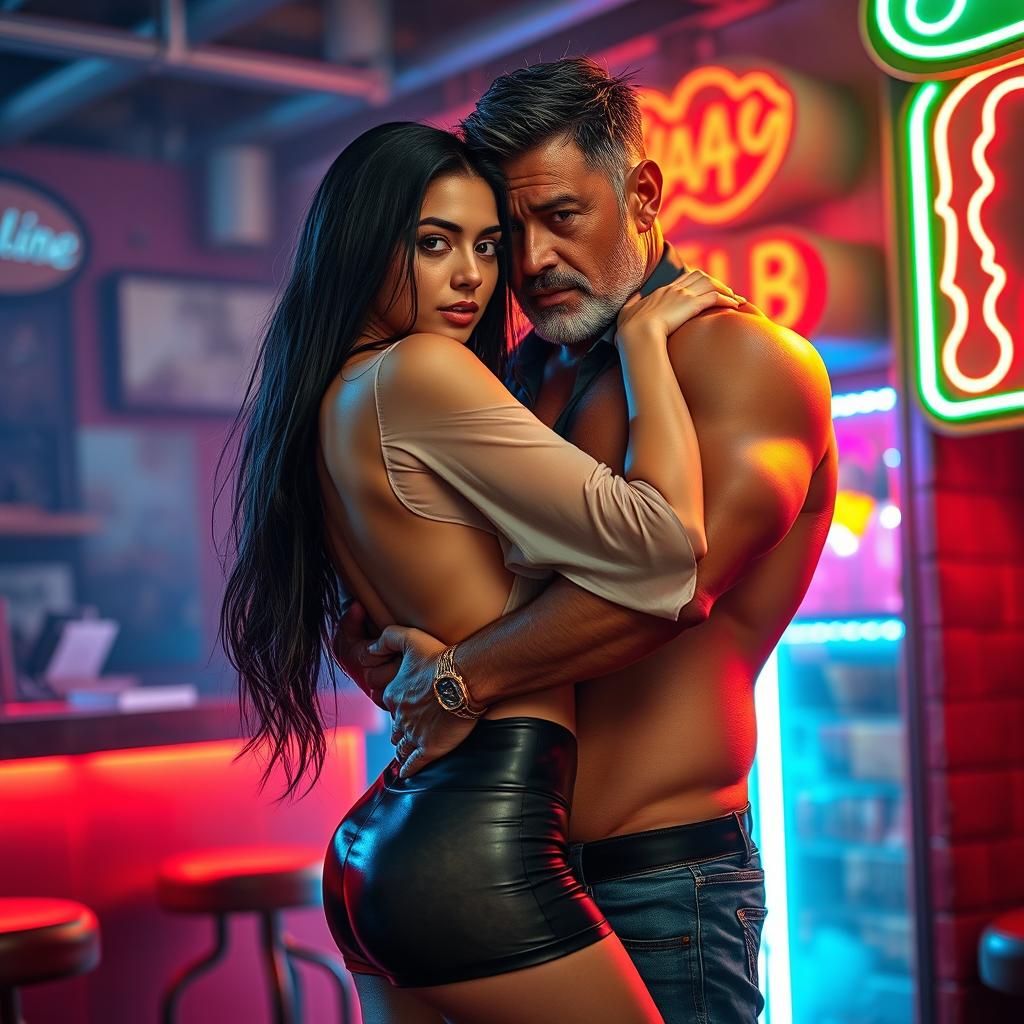 A hot and sultry couple's photoshoot set in a vibrant strip club atmosphere, featuring a 24-year-old shy Arab woman with long dark hair, wearing a wet, transparent shirt and a stylish miniskirt that accentuates her curves, confidently facing the camera