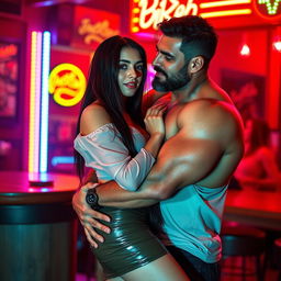 A hot and sultry couple's photoshoot set in a vibrant strip club atmosphere, featuring a 24-year-old shy Arab woman with long dark hair, wearing a wet, transparent shirt and a stylish miniskirt that accentuates her curves, confidently facing the camera
