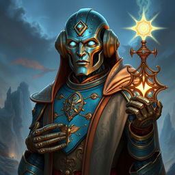 A realistic portrait of an Eberron Warforged Envoy Cleric from Dungeons and Dragons, featuring a captivating copper blue finish that displays its mechanical yet sophisticated design