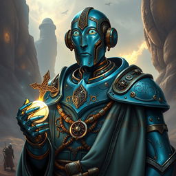 A realistic portrait of an Eberron Warforged Envoy Cleric from Dungeons and Dragons, featuring a captivating copper blue finish that displays its mechanical yet sophisticated design