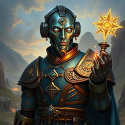 A realistic portrait of an Eberron Warforged Envoy Cleric from Dungeons and Dragons, featuring a captivating copper blue finish that displays its mechanical yet sophisticated design