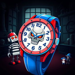 A striking digital illustration of a uniquely designed wristwatch featuring a vibrant blue strap and a prominent round face characterized by a bold red and white color scheme