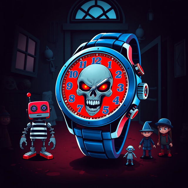 A striking digital illustration of a uniquely designed wristwatch featuring a vibrant blue strap and a prominent round face characterized by a bold red and white color scheme