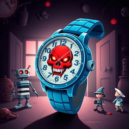 A striking digital illustration of a uniquely designed wristwatch featuring a vibrant blue strap and a prominent round face characterized by a bold red and white color scheme