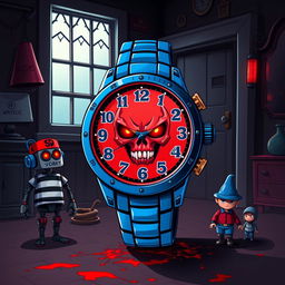 A striking digital illustration of a uniquely designed wristwatch featuring a vibrant blue strap and a prominent round face characterized by a bold red and white color scheme