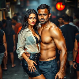 A hot and sultry couple's photoshoot set in a bustling, gritty crowd
