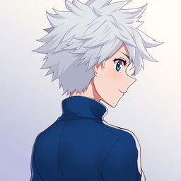 An anime boy character depicted from the back, showcasing spiky white hair inspired by Killua Zoldyck from Hunter x Hunter