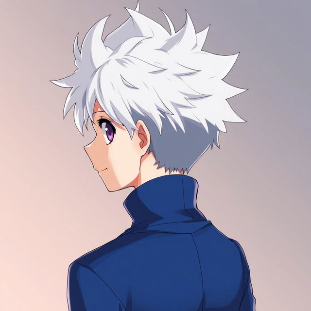 An anime boy character depicted from the back, showcasing spiky white hair inspired by Killua Zoldyck from Hunter x Hunter