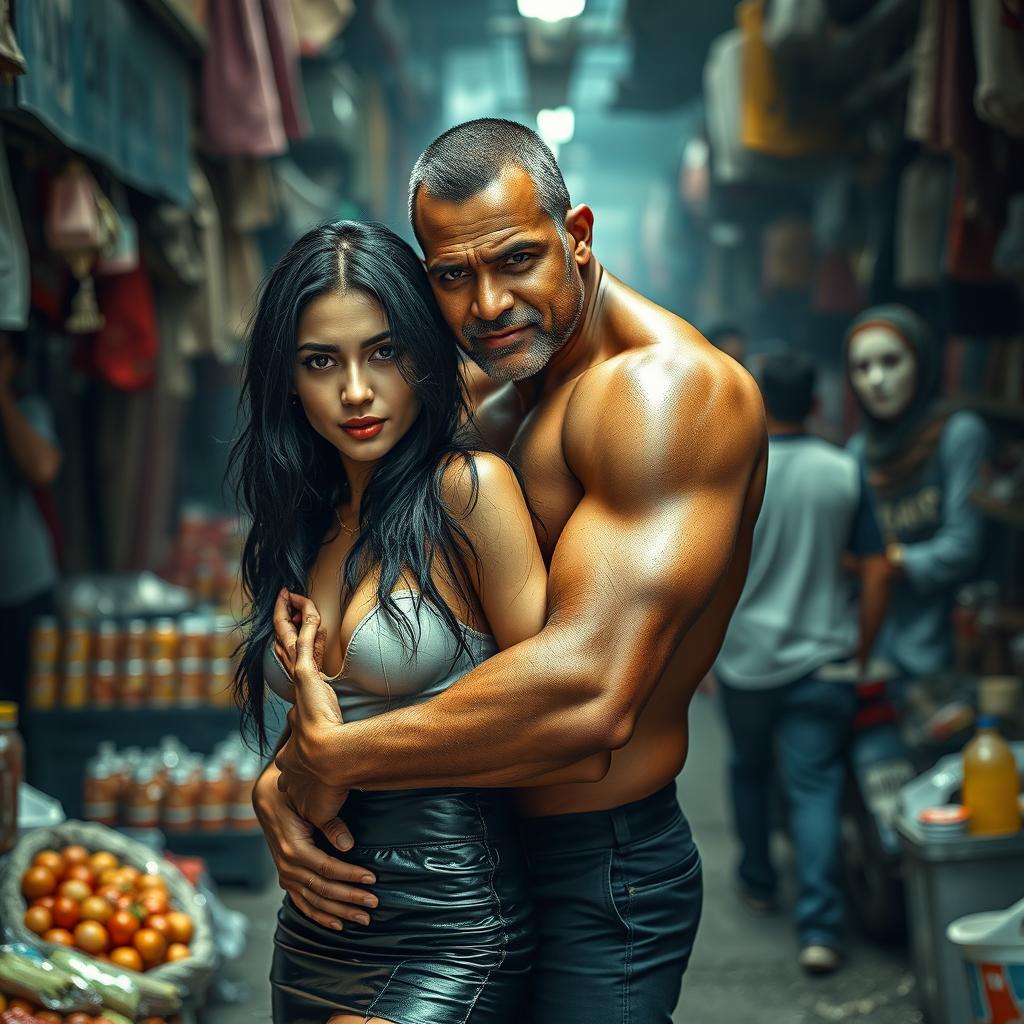 A hot and sultry couple's photoshoot set in a crowded and gritty marketplace