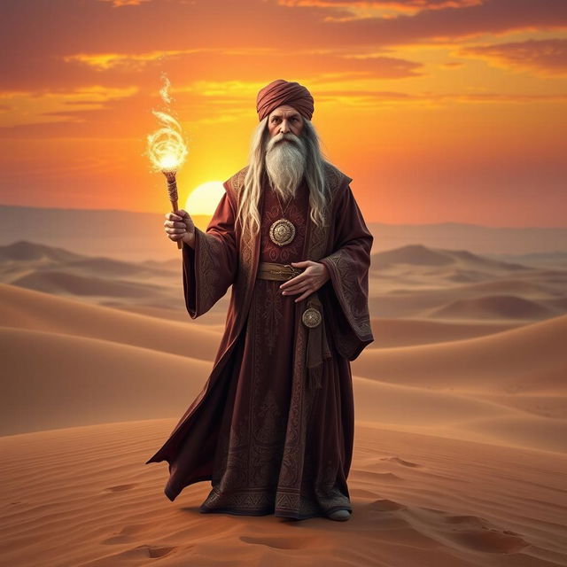 An Arabian desert wizard standing on golden sands, wearing flowing robes adorned with intricate patterns and a turban