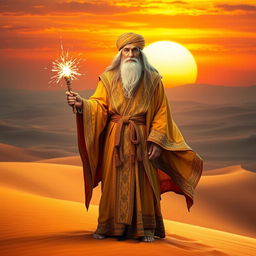 An Arabian desert wizard standing on golden sands, wearing flowing robes adorned with intricate patterns and a turban