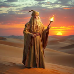 An Arabian desert wizard standing on golden sands, wearing flowing robes adorned with intricate patterns and a turban