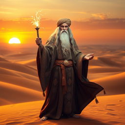 An Arabian desert wizard standing on golden sands, wearing flowing robes adorned with intricate patterns and a turban