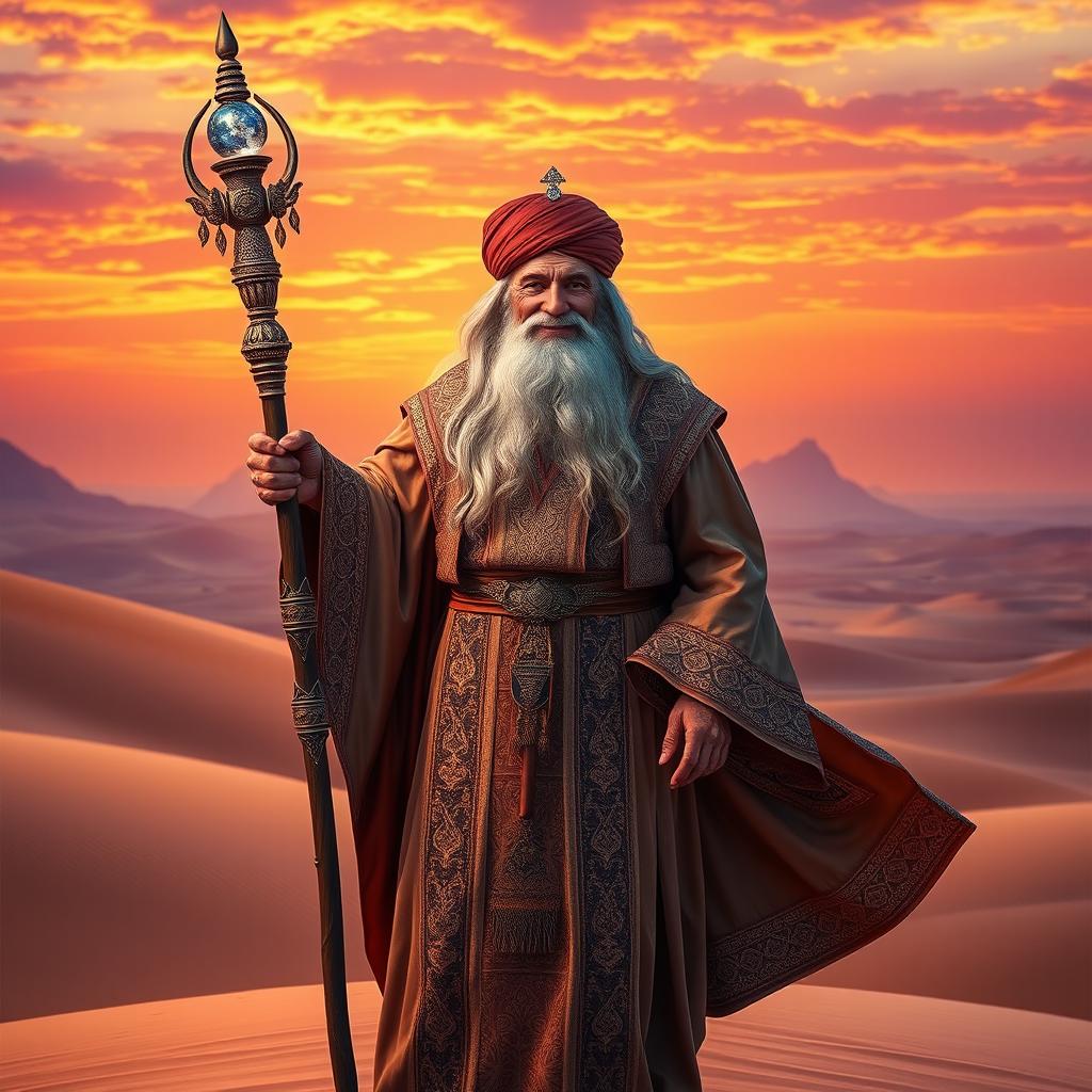 An Arabian desert wizard standing majestically on sunlit golden sands, dressed in elaborate flowing robes embellished with ornamental designs and a rich colored turban