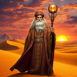 An Arabian desert wizard standing majestically on sunlit golden sands, dressed in elaborate flowing robes embellished with ornamental designs and a rich colored turban