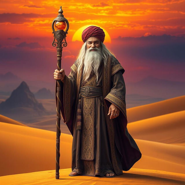 An Arabian desert wizard standing majestically on sunlit golden sands, dressed in elaborate flowing robes embellished with ornamental designs and a rich colored turban