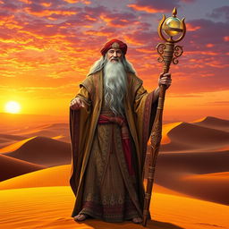 An Arabian desert wizard standing majestically on sunlit golden sands, dressed in elaborate flowing robes embellished with ornamental designs and a rich colored turban