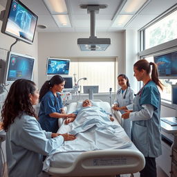 A modern medical scene in a hospital room featuring a diverse team of healthcare professionals, including a Black female doctor, a Caucasian male nurse, and an Asian female intern, all actively engaging with advanced medical equipment