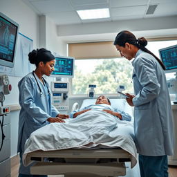 A modern medical scene in a hospital room featuring a diverse team of healthcare professionals, including a Black female doctor, a Caucasian male nurse, and an Asian female intern, all actively engaging with advanced medical equipment