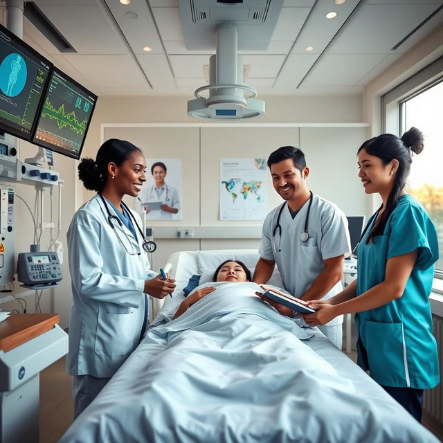 A modern medical scene in a hospital room featuring a diverse team of healthcare professionals, including a Black female doctor, a Caucasian male nurse, and an Asian female intern, all actively engaging with advanced medical equipment