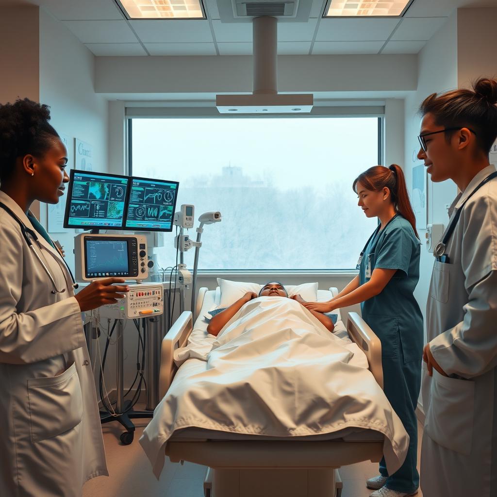 A modern medical scene in a hospital room featuring a diverse team of healthcare professionals, including a Black female doctor, a Caucasian male nurse, and an Asian female intern, all actively engaging with advanced medical equipment