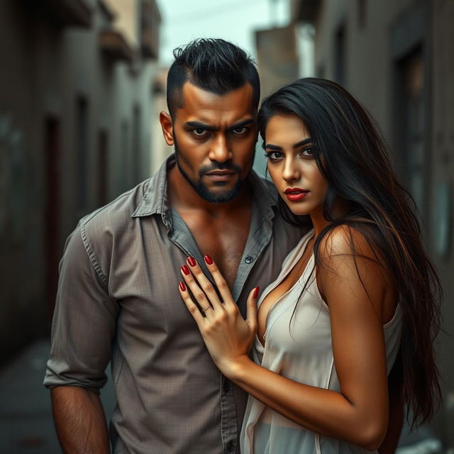 A hot sultry couple photoshoot featuring a 23-year-old shy Arab woman wearing a transparent braless shirt, complemented by red nail polish and lipstick