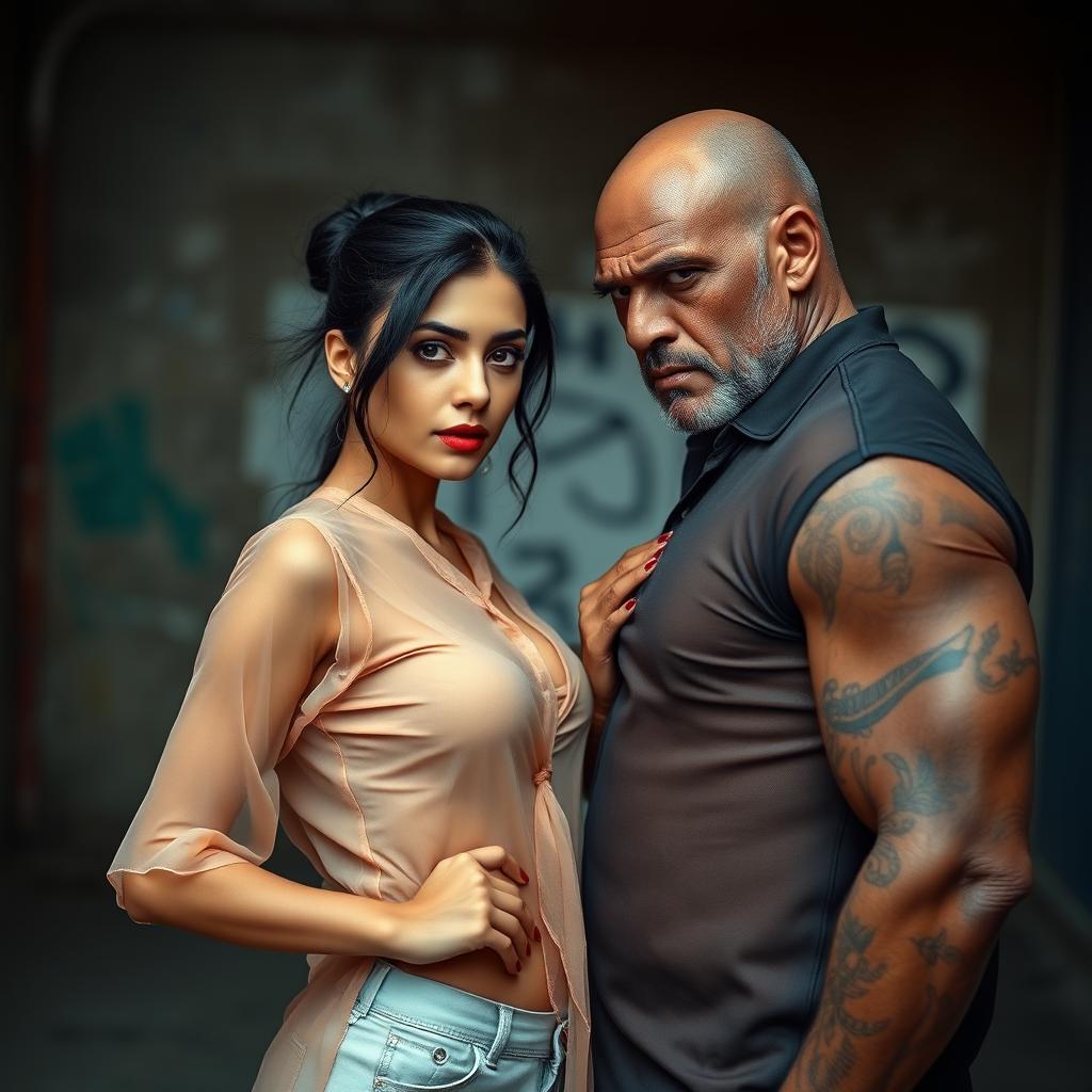 A hot sultry couple photoshoot featuring a 23-year-old shy Arab woman wearing a transparent braless shirt, complemented by red nail polish and lipstick