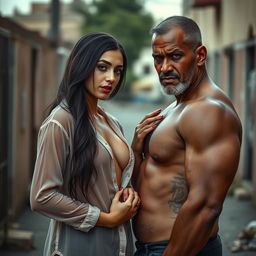 A hot sultry couple photoshoot featuring a 23-year-old shy Arab woman wearing a transparent braless shirt, complemented by red nail polish and lipstick