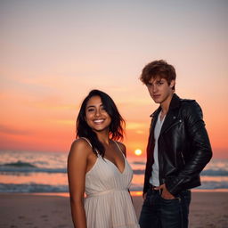 A couple on the beach at sunset, the girl has wavy black hair and medium brown skin