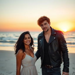 A couple on the beach at sunset, the girl has wavy black hair and medium brown skin
