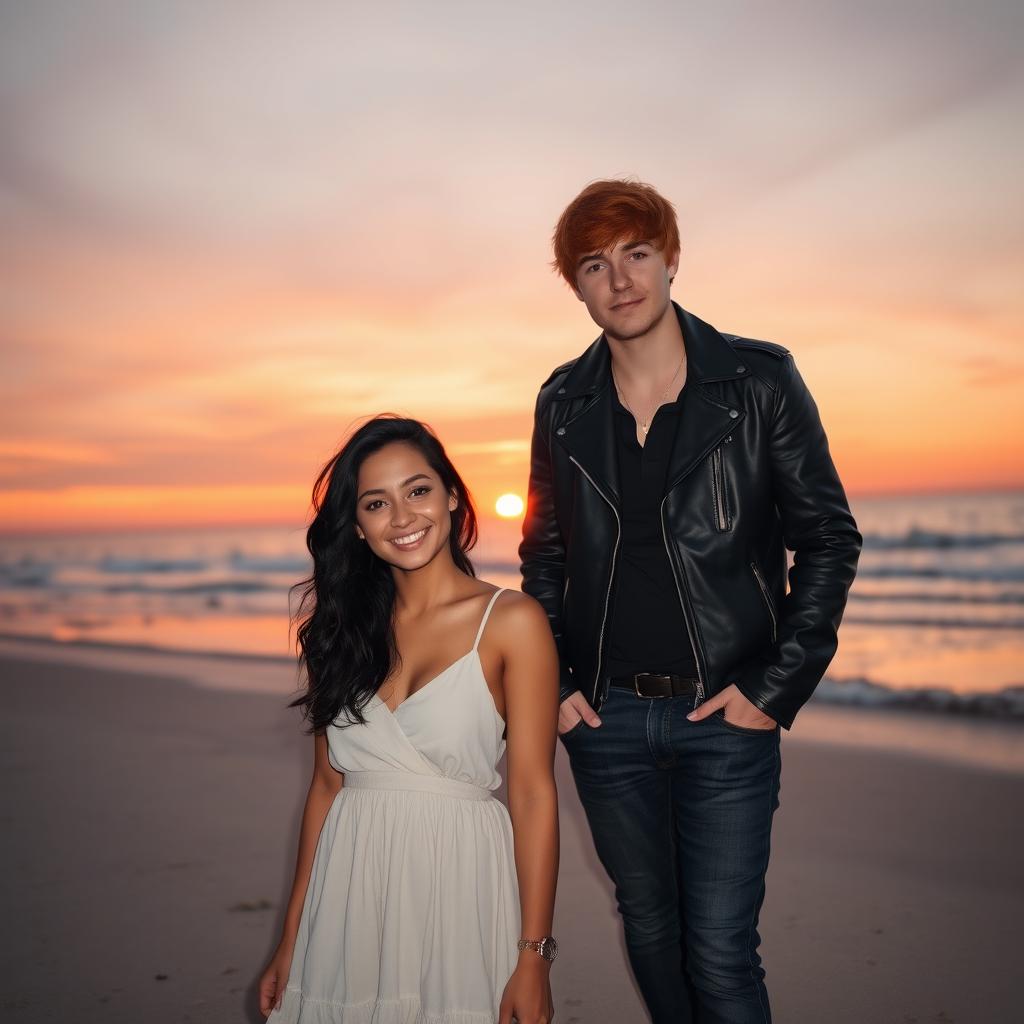 A couple on the beach at sunset, the girl has wavy black hair and medium brown skin