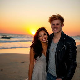A couple on the beach at sunset, the girl has wavy black hair and medium brown skin