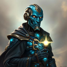 A realistic portrait of an Eberron Warforged Envoy Cleric of the Death Domain from Dungeons and Dragons, featuring a unique copper blue finish that highlights its intricate mechanical design