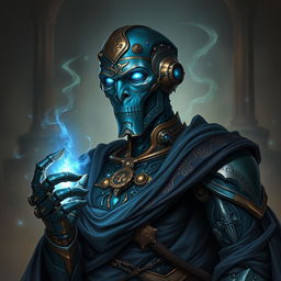 A realistic portrait of an Eberron Warforged Envoy Cleric of the Death Domain from Dungeons and Dragons, featuring a unique copper blue finish that highlights its intricate mechanical design