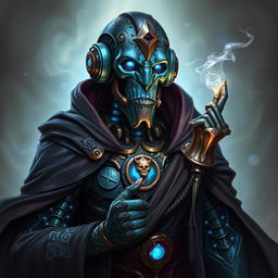 A realistic portrait of an Eberron Warforged Envoy Cleric of the Death Domain from Dungeons and Dragons, featuring a unique copper blue finish that highlights its intricate mechanical design