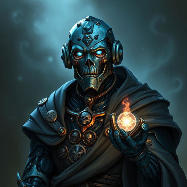 A realistic portrait of an Eberron Warforged Envoy Cleric of the Death Domain from Dungeons and Dragons, featuring a unique copper blue finish that highlights its intricate mechanical design